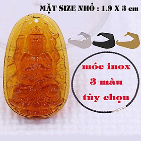Mặt Phật Thiên thủ thiên nhãn pha lê cam 1.9cm x 3cm (size nhỏ) kèm vòng cổ dây da đen + móc inox vàng, Phật bản mệnh, mặt dây chuyền