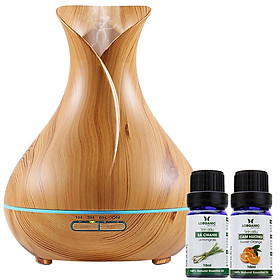 Combo máy khuếch tán tinh dầu bình hoa màu vàng FX2021 + tinh dầu sả chanh + tinh dầu cam Lorganic (10ml x2) LGN0190