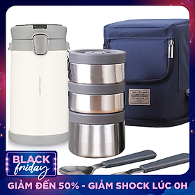 Bộ Hộp Cơm Giữ Nhiệt Lock&Lock Easy Carry 2L LHC8039 Có Túi (1 Hộp 720ml, 2 Hộp 420ml Kèm 1 Bộ Muỗng Và Nĩa)