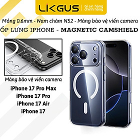 ốp lưng chống sốc sạc từ tính nam châm màng bảo vệ viền camera trong suốt cho iPhone 17 Pro Max / 17 Air / iP 17 Pro / 17 hiệu Likgus Lin Camshield Magnetic N52 - Chống sốc 2m, túi khí ẩn 4 góc, chống va đập, độ trong full HD - Hàng nhập khẩu