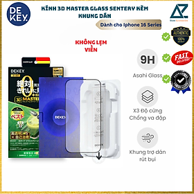 Kính Cường Lực DEKEY cho Iphone 17/ Iphone 16 Series/ 15 Series Không Lẹm Viền Kèm Khung Trợ Dán MASTERGLASS 3D SENTERY_Hàng Chính hãng Japan