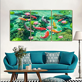 Bộ tranh phòng ngủ 3 tấm- cửu ngư quần hội - Tranh in cán pvc gương / lụa kim sa: 2480L10