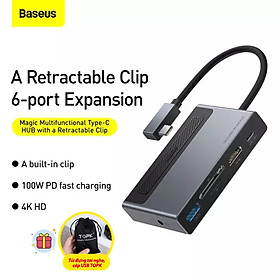 Mua (Tặng kèm túi đựng USB tai nghe TOPK) Hub chuyển đổi Baseus 6 trong 1  hỗ trợ thẻ TF  SD  sạc nhanh PD 100W  hình ảnh 4K sắc nét ... sử dụng cho điện thoại  máy tính bảng  laptop ... Hàng chính hãng
