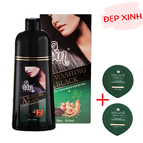 Dầu Gội Phủ Bạc Đen Tóc SIN HAIR Nhật Bản 500ml Màu Đen, Tặng Kèm Gội (Xả) Mini Weilaiya Ngẫu Nhiên