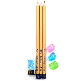 Bộ Bút Chì Tam Giác 3 Cây 2B + Gôm Nhỏ + 3 Đệm Tay Cầm - Plus-600-V013