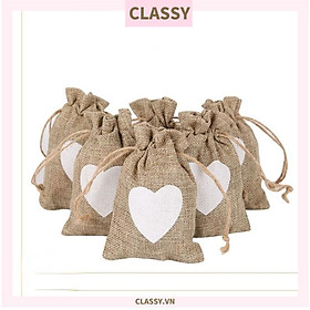 Túi dây rút Classy bằng vải lanh kích thước 10x14CM mặt trước in trái tim T1355