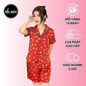 Đồ bộ pijama lụa, đồ mặc nhà nữ VILADY - B138 kiểu quần đùi tay cộc họa tiết con Voi siêu dễ thương, chất liệu lụa Pháp (lụa latin) - Màu đỏ