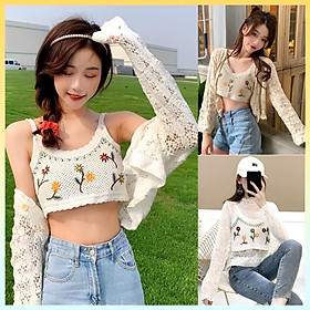 Áo 2 DÂY LƯỚI len Montoghi dệt kim THÊU HOA mặc được NHIỀU KIỂU trong ngoài siêu xinh