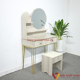 Mua Bàn Trang Điểm Gỗ MDF Melamine Màu Sữa Chân Sắt 2 Ngăn Kéo Gương Tròn