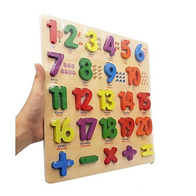 Đồ chơi bảng ghép hình 20 số nổi gỗ kèm hình minh hoạ, đồ chơi ghép số học đếm tiếng anh thông minh giáo dục cho bé