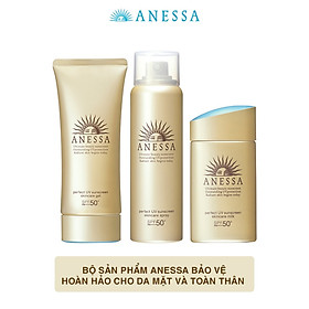 Bộ sản phẩm Kem chống nắng Anessa bảo vệ hoàn hảo cho da mặt và toàn thân (Gold Milk 60ml + Gold Gel 90g + Gold Spray 60g)
