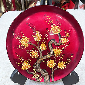 Mua Dĩa sơn mài cao cấp Thanh Bình Lê vẽ hoa mai vàng trên nền đỏ kết hợp khảm vỏ trứng đẹp mắt size 25 cm