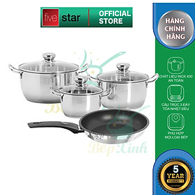 Bộ nồi inox và chảo chống dính cao cấp Fivestar 4 món 3 đáy từ , nắp kính ( tặng 1 sạn inox )