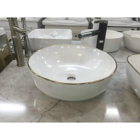 lavabo đặt bàn sứ tròn viền vàng cao cấp