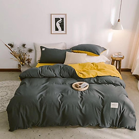 Bộ Chăn Ga Gối Cotton Tici LIDACO - Ghi Đậm Ga Vàng