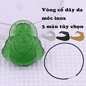 Mặt Phật Di lặc Pha lê xanh lá 3.6 cm vòng cổ dây da đen + móc inox vàng, mặt dây chuyền Phật cười