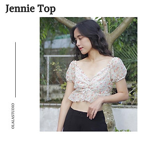 OLALASTUDIO Áo Croptop Jennie voan nữ hoa nhí tay phồng cổ V họa tiết hoa ngọt ngào