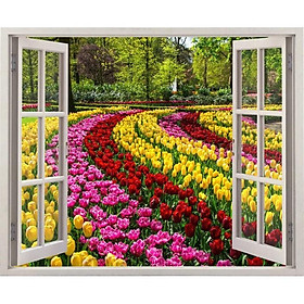 Tranh dán tường cửa sổ 3D vườn hoa tulip 0193