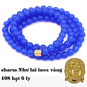 Bộ Vòng Chuỗi, Tràng Hạt 108 Hạt 6 Ly Đá Thạch Anh Xanh Dương Charm Phật A Di Đà Inox - Tràng Chuỗi Niệm Phật - An Yên - Thịnh Vượng - May Mắn - Tài Lộc - Bình An