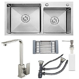 Mua Combo chậu rửa bát inox sus304 8245 + vòi rửa bát inox nóng lạnh vuông+ bình xà phòng + rổ rau củ đa năng + bộ xả chậu