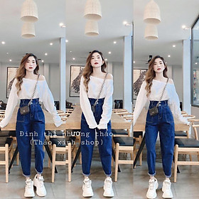 Quần bò jeans nữ dáng baggy lưng siêu cao 2 nút ,đai chéo, thời trang mới tại thuydieushop96 bg1