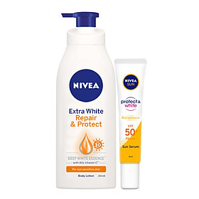 Bộ đôi Tinh Chất Chống Nắng NIVEA Dưỡng Trắng & Phục Hồi SPF50+ PA+++ (30ml) - 86016 & Sữa Dưỡng Thể Dưỡng Trắng NIVEA Ban Ngày Giúp Phục Hồi & Chống Nắng SPF30 (350ml) - 88311