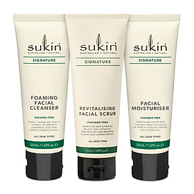 Bộ 3 bước chăm sóc da cơ bản Sukin Signature Kit ( Sữa rửa mặt tạo bọt Sukin Foaming Facial Cleanser 50ml + Kem tẩy tế bào chết dành cho da mặt Sukin Revitalising Facial Scrub 50ml + Kem Dưỡng Ẩm Dành Cho Da Mặt Sukin Signature Facial Moisturiser 50ml)