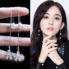 Khuyên bông tai nữ bạc hoa năm cánh thả hạt