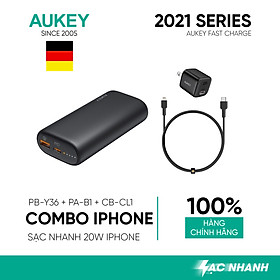 Combo Sạc Nhanh Dành Cho iPhone 12 Series AUKEY | Cốc Sạc 20W PA-B1, Cáp C-Lighnting 20W CB-CL1, Pin 10000mAh PD + QC3 PB-Y36 - Hàng Chính Hãng
