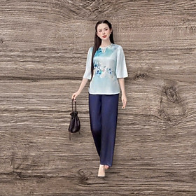 Bộ Áo Bà Ba Quần Đen Đi Lễ Chùa , Vải Lụa Gấm Cực Đẹp,Mềm Mịn, Set Đồ Lam Đi Chùa Mặc Cực Thoải Mái Duyên Dáng, Kín Đáo - 3 - M