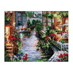 Stamped Cross Stitch  The Lakeside House Printed Pattern 14 Count 48x40cm