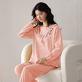 Đồ bộ Thu Đông nữ mới nhất, vải cotton 100% mềm mại thoáng khí, màu hồng tôn da, họa tiết và thiết kế độc