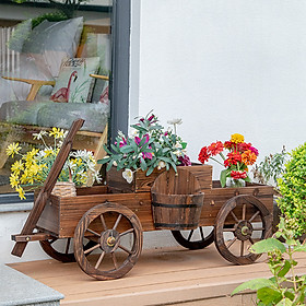 Kệ gỗ để chậu hoa cây cảnh trang trí nhà cửa sân vườn có bánh xe di chuyển tiện lợi kiểu dáng vintage cổ điển màu sắc tự nhiên, thân thiện với môi trường