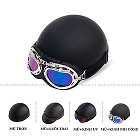 Nón bảo hiểm nửa đầu màu đen chuyên phượt HT HELMET HP01, mũ bảo hiểm kèm kính phi công, UV thời trang, cá tính - Hàng chính hãng