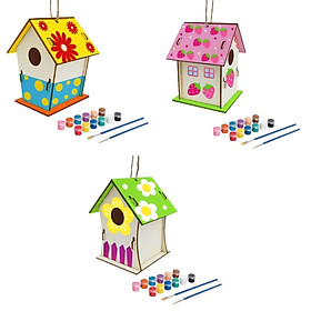 3x  House Unpainted Build Paint Hanging Wooden Birdhouse Set