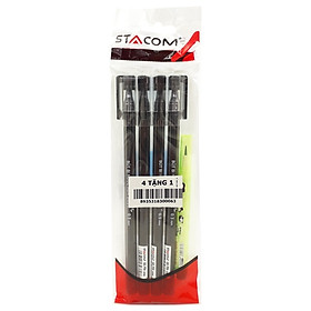 Vỉ 4 Bút Bi Mực Gel Xóa Được Nắp Đậy - 0.5mm Stacom-VGBP104_A - Mực Đen