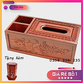 Mua Hộp đựng giấy ăn 3 ngăn 2IN1 GỖ HƯƠNG ĐỎ chạm thành siêu đẹp - Tặng lọ tăm Khảm