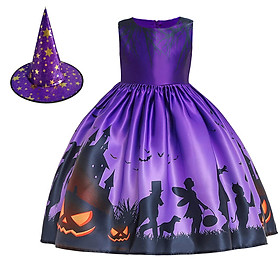 Kids Girls Halloween Costume Dress with Witch Hats Pumpkin Skull Printed Fancy Dress Up Cosplay Party Outfits