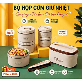 MD Bộ Hộp Cơm Giữ Nhiệt Văn Phòng Cao Cấp Gồm 4 Hộp 1 Túi Đựng Tầng 1 Bộ Đũa Thìa BỘ HỘP CƠM GIỮ NHIỆT