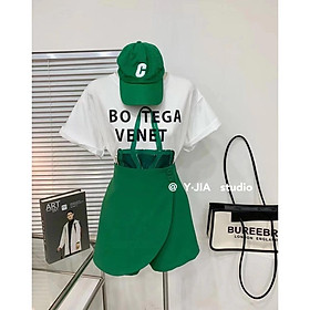 Set Bộ Botega Áo Thun Tay Lỡ Quần Gỉa Váy Màu Xanh Đậm Trendy Dày Dặn Phong Cách Hàn Quốc Ulzzang Vintage Hàng QC Loại1
