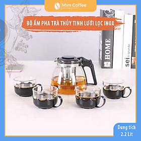 Bộ ấm pha trà bình thủy tinh lưới lọc inox gồm: 1 ấm và 4 tách - Mvn Coffee