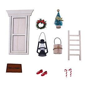10 Pieces Dollhouse Miniature Decoration Set Wooden Door, Ladder, Bucket for 1/12 Scale Dollhouse Accessory Ornament Decor DIY Scene