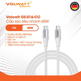 Mua Cáp sạc siêu nhanh 60W Volwatt GE-S16-CC hàng chính hãng | Cáp Type-C to Type-C truyền dữ liệu 480Mbps  dây bện  dài 1m | BH 12 tháng