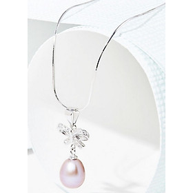 Dây Chuyền Ngọc Trai Hồng Tím 12mm Hình Nơ Bạc Ý Cao Cấp