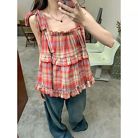 Áo Babydoll Nữ 2 Dây Buộc Nơ Kẻ Caro Viền Bèo Chất Thô Đũi