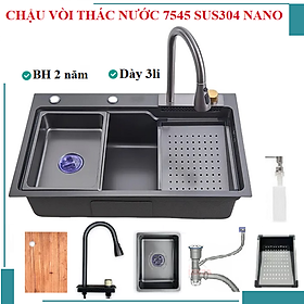 Mua Bồn chậu rửa chén bát 1 hố lớn nano đen Valenza kèm vòi liền thác nước + vòi rút dây 3 chế độ  2 khay phụ inox  thớt gỗ  bộ xả to-Hàng chính hãng