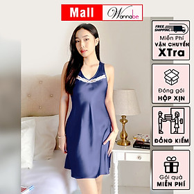 Đầm ngủ phi lụa cao cấp WANNABE DNS68 váy ngủ bản vai 4cm cổ tim phối ren đơn giản trang nhã