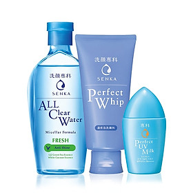 Combo bảo vệ, làm sạch thoáng da từ tơ tằm trắng Senka (All Clear Water 230ml + Whip 120g + UV Milk 40ml)