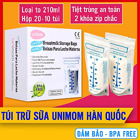 Túi Trữ Sữa Unimom 210ml (Hộp 20 - 10 Túi) Compact BPA Free - Hàng Hàn Quốc, Tiệt Trùng, 3 Khóa Zip Chắc Chắn, 2 Lớp Dày, Túi Đựng Sữa Mẹ, Tui Tru Sua 210ml