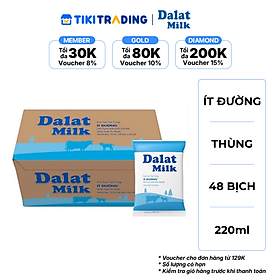 Thùng 48 bịch sữa tươi tiệt trùng Dalatmilk ít đường 220ml